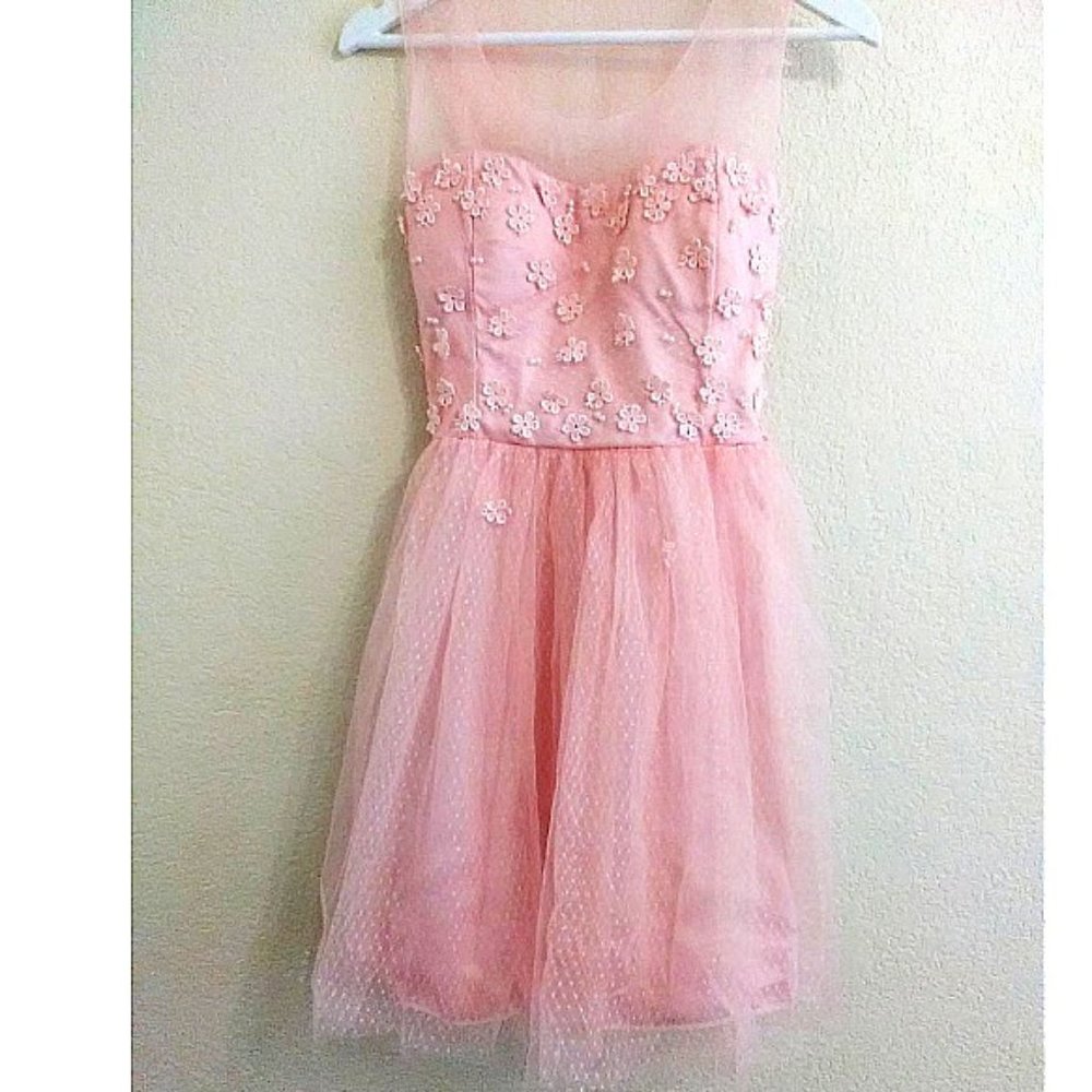 Pink Tulle Floral Swiss Dot Pearl party mesh dress